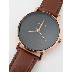 Geneva Men's Watch 40mm Rose Gold Case Brown Faux Leather Band- New Battery